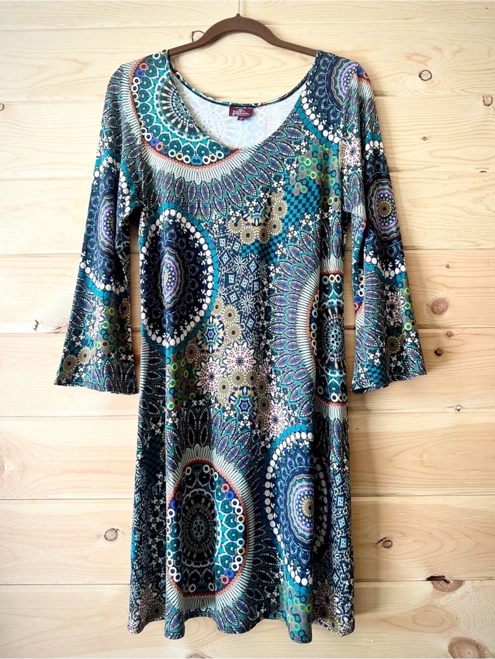Salaam Lucy Teal Mandala Knit Tunic Dress Bell Sleeve Boho Vermont USA Medium